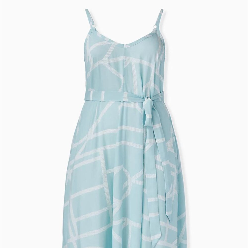 Torrid Mint Blue Geo Challis Self Tie Midi Trapeze Dress
